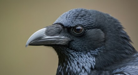 Obraz premium Close-up of a dark bird's head, showing detail of feathers, beak, and eye