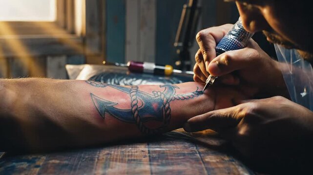 Tattoo artist etching nautical anchor on forearm with tool in workshop setting