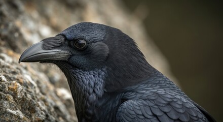 Obraz premium Close-up of a dark raven's head and neck with focus on its eye and beak