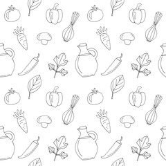 Spices Condiments and Vegetables Seamless Pattern &mdash; Minimalist Hand Drawn Line Food Illustration