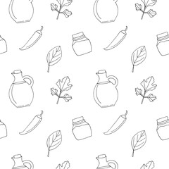 Spices and Condiments Seamless Pattern &mdash; Minimalist Hand Drawn Line Food Illustration