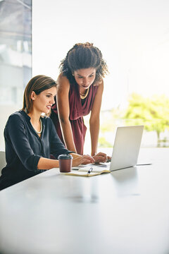 Business, women or meeting with advice on laptop for account training, financial question or help. Team, finance intern or manager with tech in office for report feedback, learning process or support