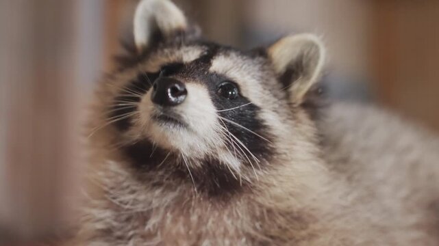 Closeup raccoon face in warm interior, curious eyes tilt upward, soft fur, whiskers dusted with particles, gentle sniffing and peeking, subtle head tilt and grooming hints, shallow depth of field