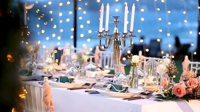 luxury Romantic Dinner Setting on Beach at Dusk with Candelabra and Fairy Lights. delicate pink roses, and sophisticated table settings, all illuminated by a shimmering backdrop of warm fairy lights.