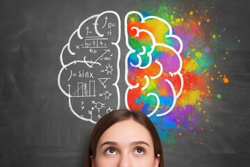 Split brain concept showing logical and creative hemispheres with chalkboard background and colorful artistic side as educational science illustration. Ai generative