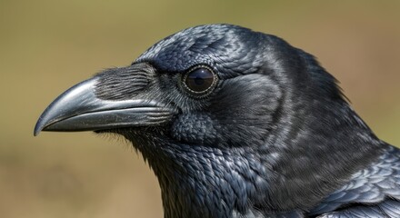 Obraz premium Close-up of a glossy black bird's head, showing eye detail and strong beak