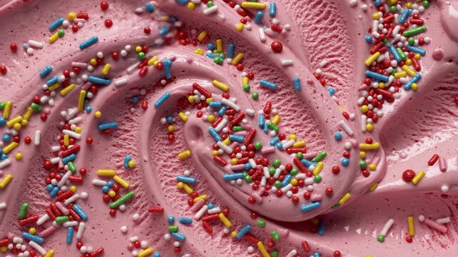Delicious Pink Ice Cream Swirl with Colorful Sprinkles - A Sweet Treat Delight.