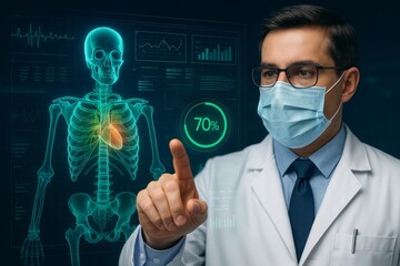 Doctor using futuristic touchscreen interface to analyze human skeleton and heart data for medical science and education purposes in hospital lab concept. Ai generative