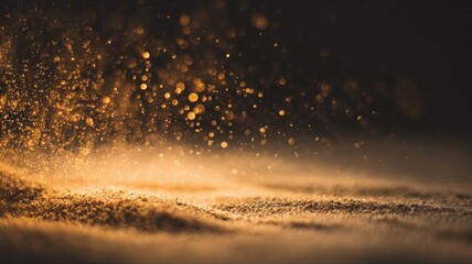Abstract Gold Glitter Dust Surface with Bokeh Light Effects on Dark Background for Luxurious Designs