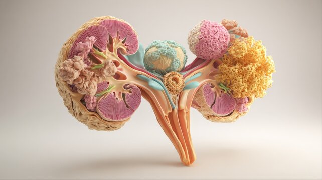 Detailed Cross-Section of Human Kidney with Tumors Displaying Renal Cell Carcinoma and Medical Visualization