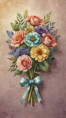 Obraz premium Vintage floral bouquet illustration with ribbon on textured pastel background
