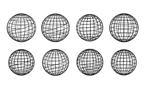 Striped globe grid sphere vector symbols with latitude and longitude lines isolated on white