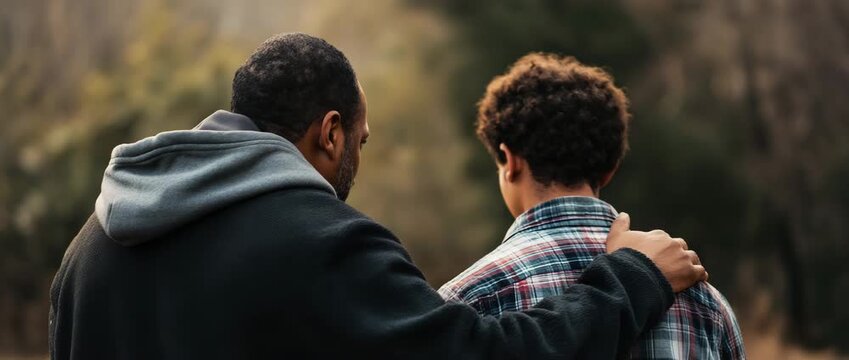 A father gently placing his hand on his teenage son&rsquo;s shoulder during an emotional moment outdoors, support, trust, family connection.