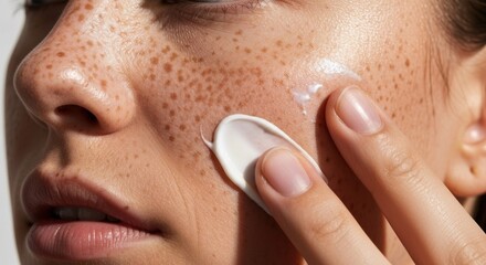 Close-up of a person with freckled skin applying cream to their cheek