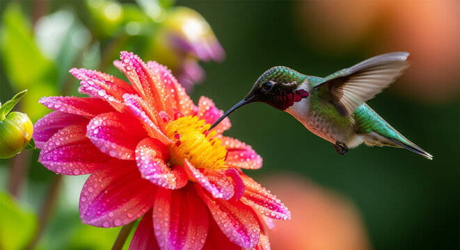 Hummingbirds are flying over the flowers