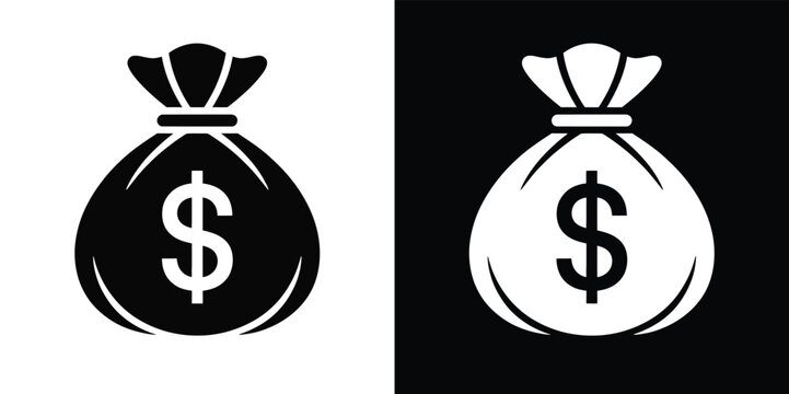 Simple black and white illustration of a bag of money with a dollar sign