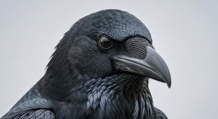 Obraz premium Close-up of a raven's head; dark feathers, sharp beak, intense gaze, against a pale sky