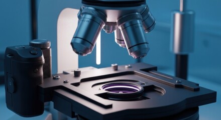 Close-up of a scientific microscope with multiple lenses and a stage in a sterile lab
