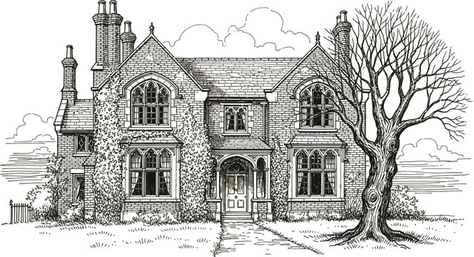 Vintage gothic revival brick house with bare tree and ivy drawing