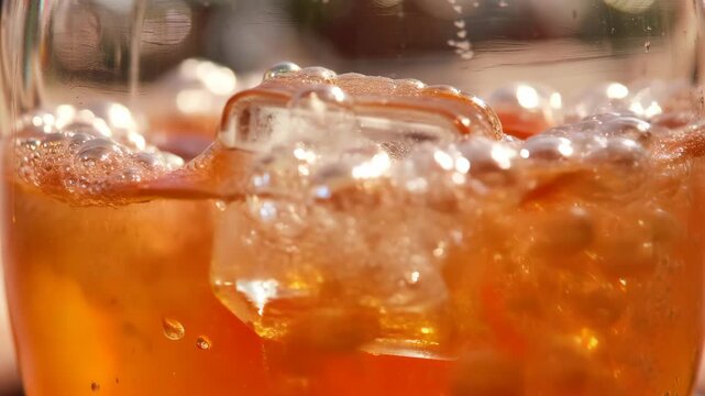 Extreme macro of a single ice cube melting in a bright orange soda, bubbles trapped inside the ice, fizzing sound visualization, refreshing summer.