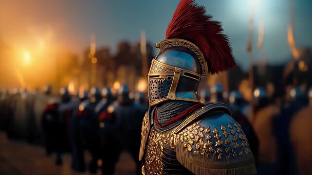 A man in a helmet standing in front of a large group of soldiers