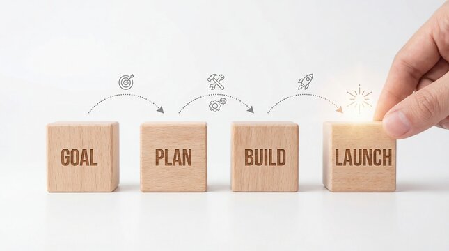 Wooden Blocks Depicting Business Development Stages: Goal Plan Build Launch.
