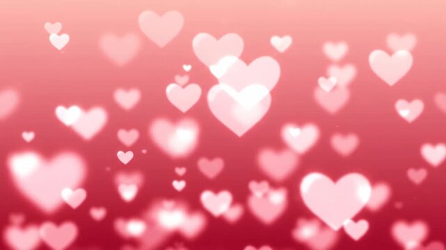 Many beautiful shimmering pink and white hearts gently float on a blurry red background for romance