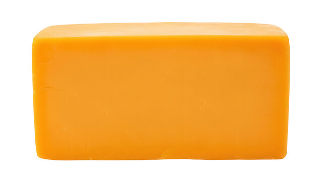 Block of cheddar cheese isolated PNG on transparent background, dairy product for cooking and snacking, vibrant orange color and smooth texture