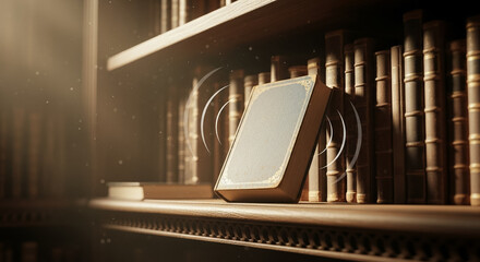 Digital Wisdom: Ancient Book Radiating Ethereal Signals on a Library Shelf