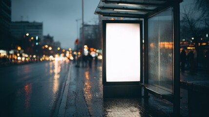 Fototapeta premium Blank Advertising Billboard Mockup at Bus Stop in Urban City on a Rainy Night