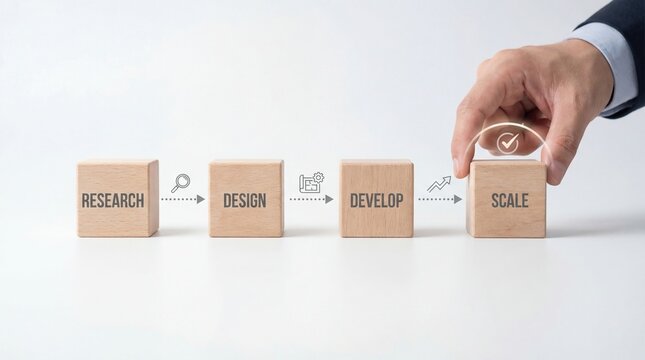 Business Growth Stages: Research Design Develop Scale with Hand.