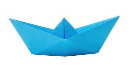 Blue paper boat isolated PNG on transparent background, origami ship for travel and childhood themes, nautical vessel