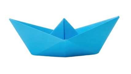 Blue paper boat isolated PNG on transparent background, origami ship for travel and childhood themes, nautical vessel