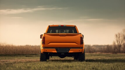Fototapeta premium Rear View of a Modern Orange Pickup Truck on a Rural Road During Golden Hour