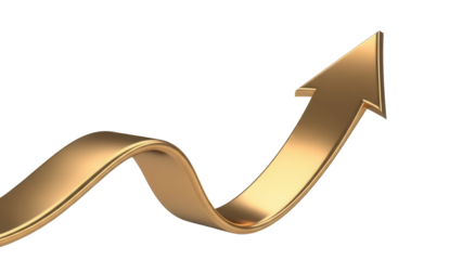 Golden arrow pointing up isolated PNG, success and growth concept on transparent background, financial progress and positive trend