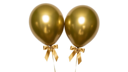 Two golden balloons with ribbons isolated PNG, festive party decorations for birthdays and...