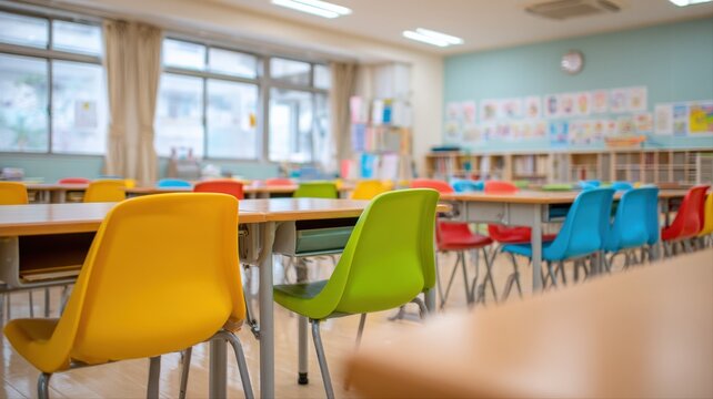 Bright and Organized Elementary School Classroom with Colorful Chairs, Desks, and Learning Materials Ready for Students