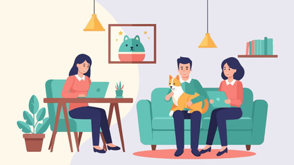 Naklejka na ściany i meble People working and relaxing at home with pets and technology