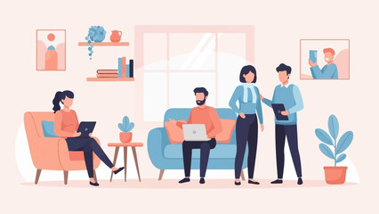 People working and relaxing in a cozy living room with laptops and plants