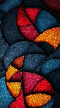 Artistic Curved Geometric Shapes With Rich Canvas Textures in Bold Red Blue and Orange Colors, Made of Cubes

