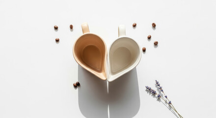 Beige and Cream Mugs Forming a Heart Symbol for Dating and Romance.