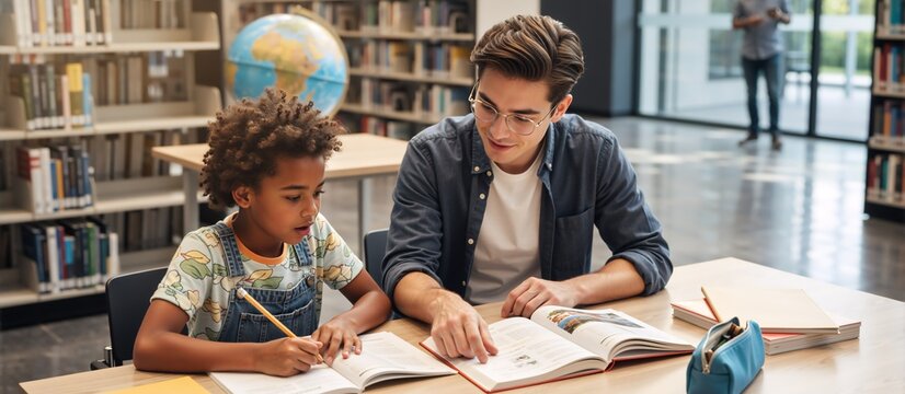 Young male tutor helping a young girl with schoolwork in a library. Diverse student and teacher studying together with a textbook. Education and mentorship concept