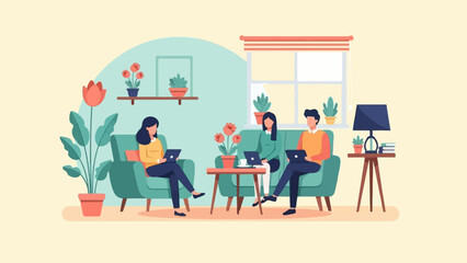 Naklejka premium People working on laptops in a cozy, plant-filled room