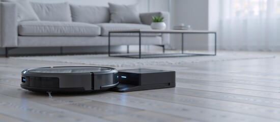 Fototapeta premium A robotic vacuum cleaner at its charging station on a wooden floor. Smart home cleaning technology and domestic automation. Modern household appliance with copy space for text
