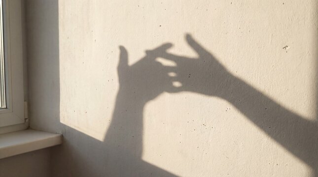 Photorealistic shadow of human hands cast on textured white wall, dramatic sunlight angle, soft shadow edges, natural proportions, real light source, minimal composition, ultra 4K realism
