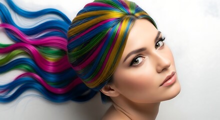 Naklejka premium Top-Down Modern Editorial Portrait of Confident Woman with Colorful Hair, Strong eye contact, neutral confident expression, clean contemporary styling