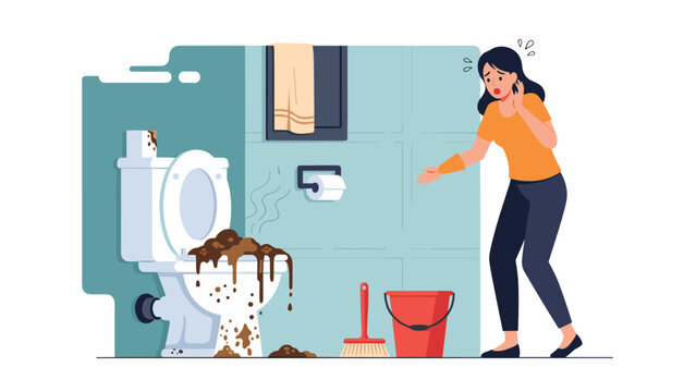 Horrified woman discovers a dirty, clogged toilet overflowing in a messy bathroom, a concept for plumbing problems and household emergencies.