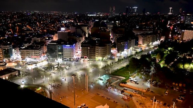 Istanbul,turkey,august 5, 2025. Aerial view of taksim square at night, a bustling hub with city lights, traffic, and pedestrians creating a vibrant urban atmosphere in istanbul