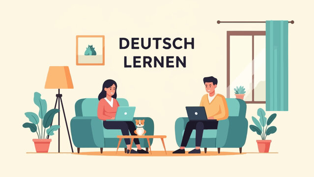 People learning German online from cozy home setup