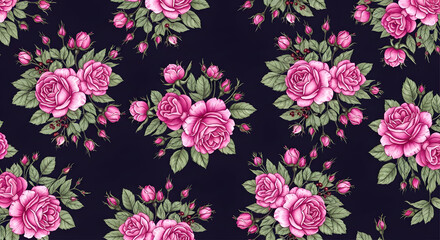 Seamless Floral Pattern with Pink Roses. Elegant Botanical Illustration on Dark Background for Fabric, Wallpaper, Wedding Invitations, Packaging, Textile Design